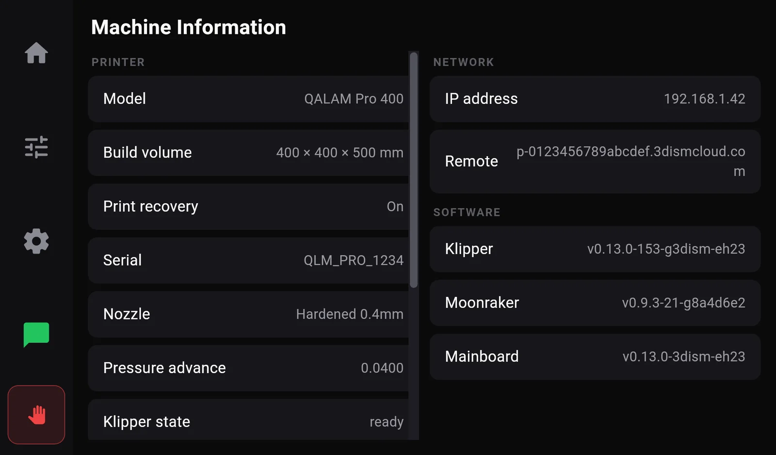 Machine Information: Printer section with Model QALAM Pro 400, Build volume 400 by 400 by 500 mm, Print recovery On, Serial QLM_PRO_1234, Nozzle Hardened 0.4mm, Pressure advance 0.0400, Klipper state ready; Network section with IP address 192.168.1.42 and Remote address; Software section with Klipper, Moonraker and Mainboard versions.