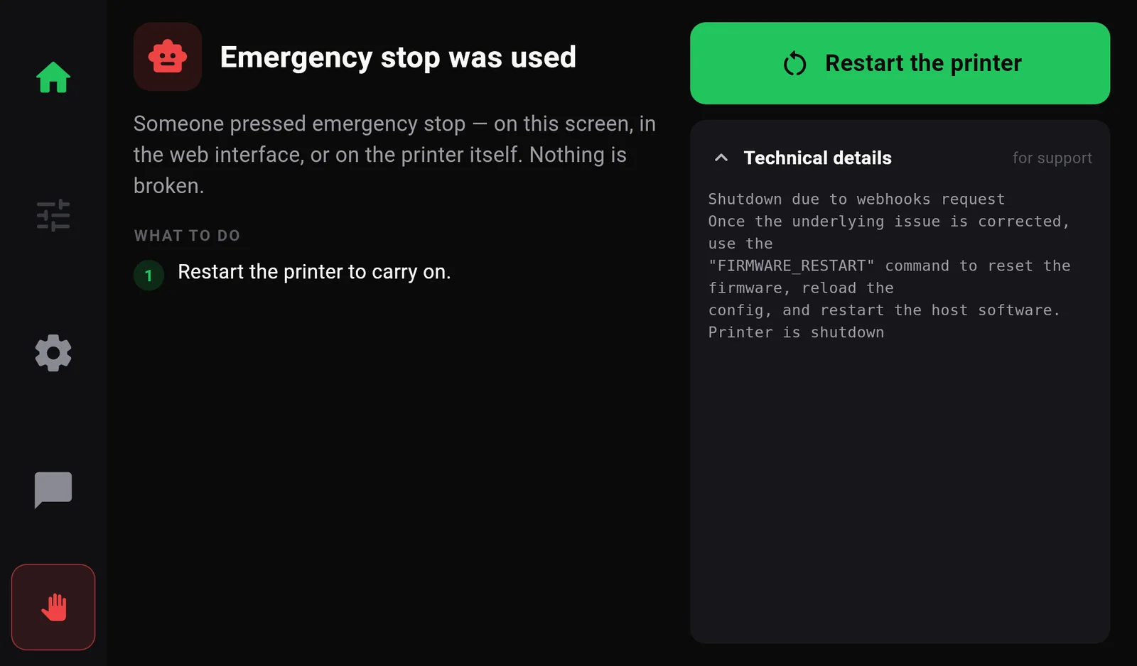 Fault page Emergency stop was used with the Technical details panel opened, showing the printer's own message in small monospace text.