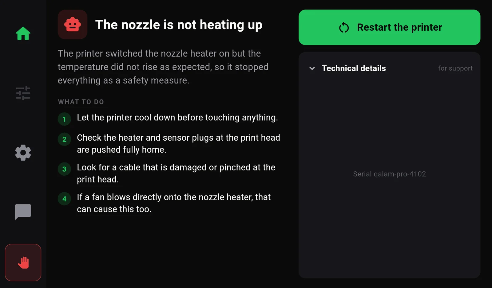 Fault page: The nozzle is not heating up. The printer switched the nozzle heater on but the temperature did not rise as expected. What to do: four numbered steps. A green Restart the printer button and a Technical details panel.