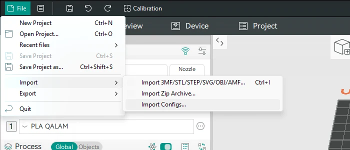 OrcaSlicer with the File menu open, Import highlighted, and the submenu showing Import 3MF/STL/STEP/SVG/OBJ/AMF, Import Zip Archive and Import Configs.