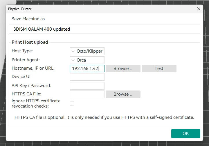 The OrcaSlicer Physical Printer dialog: Host Type Octo/Klipper, Printer Agent Orca, Hostname, IP or URL 192.168.1.42, Browse and Test buttons, and OK.