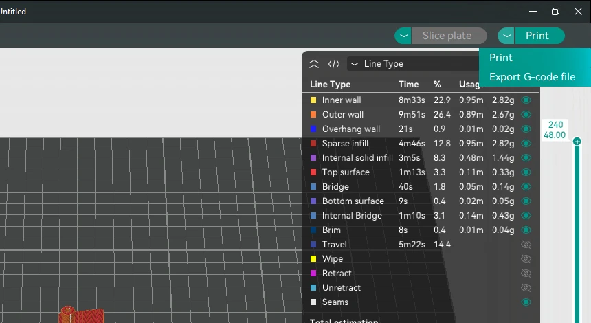 The arrow next to the Print button opened, showing Print and Export G-code file.